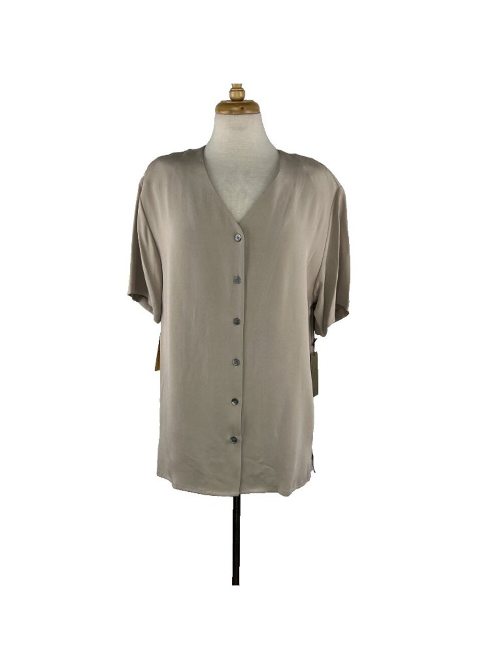Classiques Entier Size XL 100% Silk Button Down Taupe Blouse Short Sleeves
